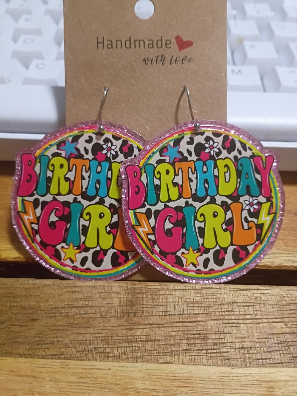 Handmade Birthday Girl Colorful Round Earrings - Pink Glitter